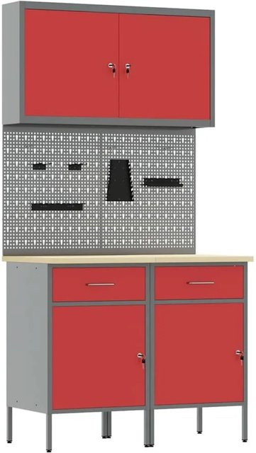 vidaXL Werkbank mit Schubladen und Pegboard aus Holz und Stahl, Rot - Bild 1