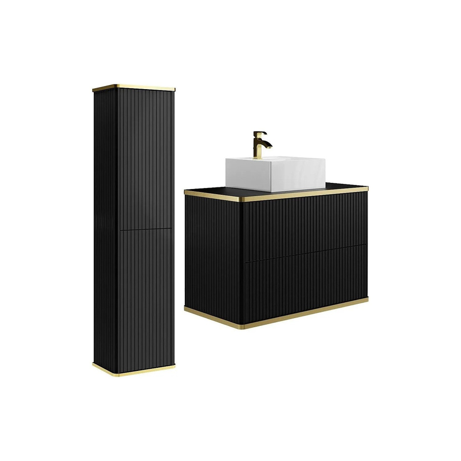 Vente-unique Badmöbel-Set Keliza im Art-déco-Stil, Schwarz matt, bestehend aus Waschbeckenunterschrank, Aufsatzwaschbecken und Hochschrank, Breite: 80 cm - Bild 2