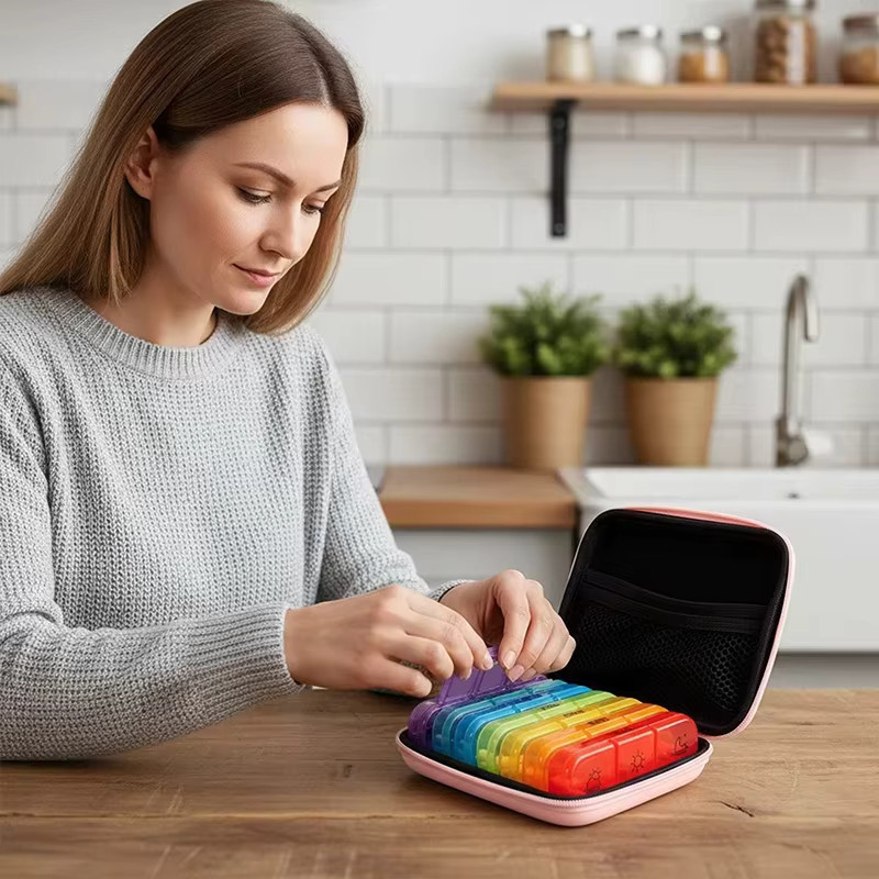 Untior Pillen-Organizer mit 21 Fächtern für 3-mal tägliche Einnahme, feuchtigkeitsbeständig, inklusive PU-Lederetui, Multicolor - Bild 4