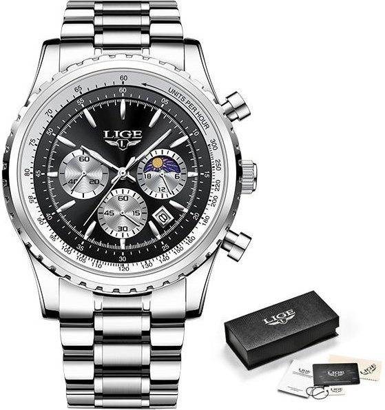 LIGE Armbanduhr, Quarz, Chronograph, Edelstahl, 46 mm, Herren, silber/schwarz - Bild 1