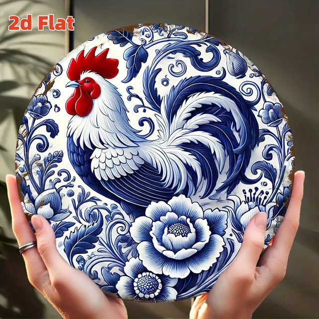 Potdemiel Wanddekoration aus Aluminium im mediterranen Azulejo-Stil mit Blumen- und Hahn-Motiv in Blau und Weiß - Bild 1