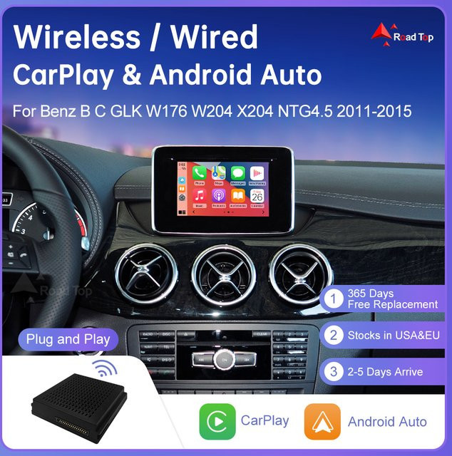 Road Top Drahtloses CarPlay und Android Auto Interface für Mercedes Benz B-Klasse W246, C-Klasse W176, GLK W204 und X204 mit NTG4.5, Plug-and-Play, Schwarz - Bild 1