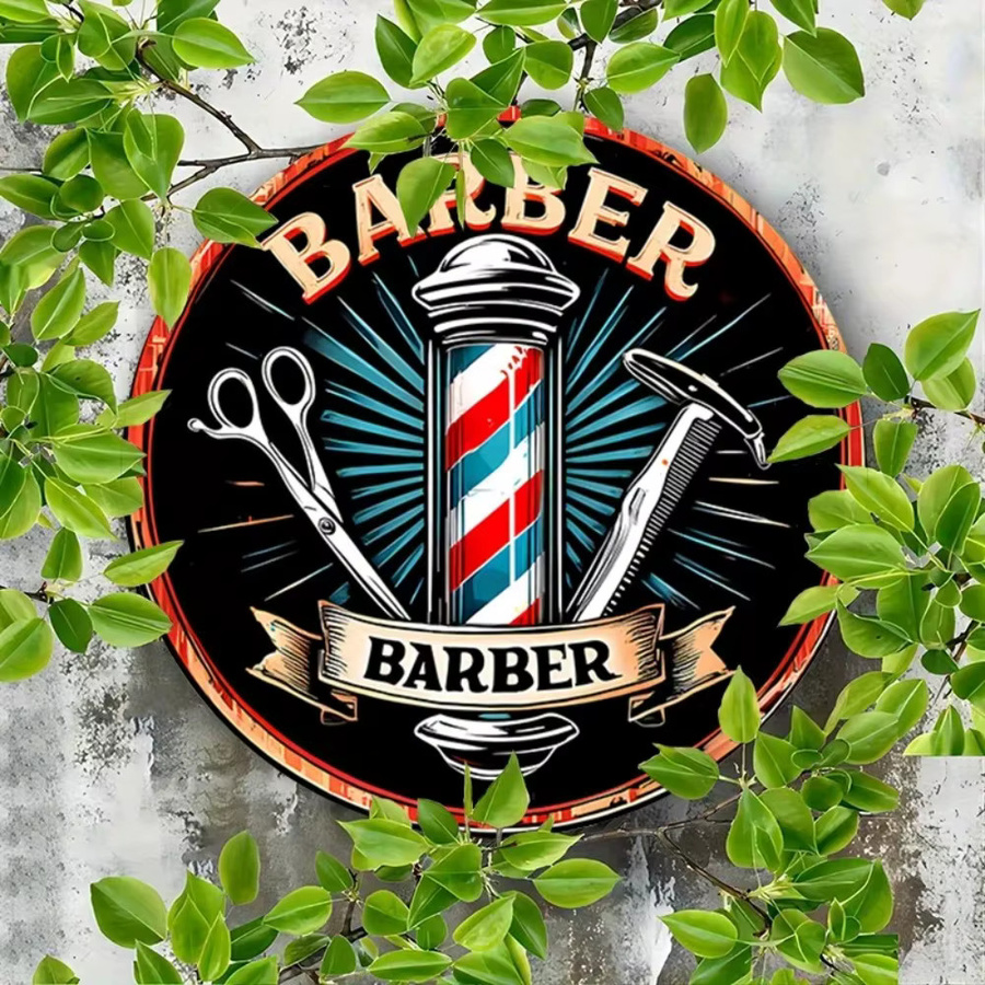 CIFBUY Vintage 2D Flaches Friseurschild aus Aluminium-Metall als runde Wanddekoration in Multicolour mit Schere, Rasiermesser und Rasierer-Illustration - Bild 5