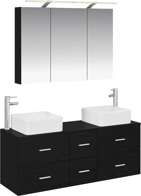 vidaXL Badezimmermöbel-Set 4-teilig in Schwarz Eiche Matt mit LED-Spiegelschrank, Waschtischunterschrank und Wandschrank aus Holz und Glas - Bild 1