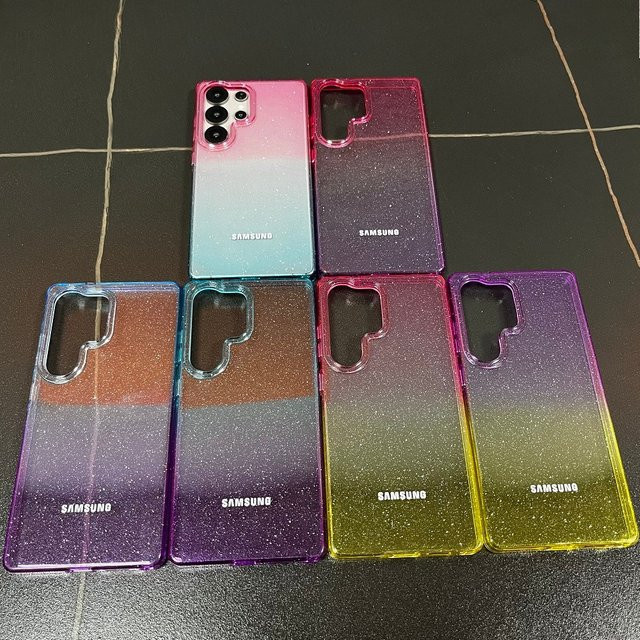Stoßfeste Schutzhülle für Samsung Galaxy S25Edge S25 S24 Ultra Plus mit transparentem Farbverlauf in Pink und Purple sowie Glitzer-Effekt - Bild 1