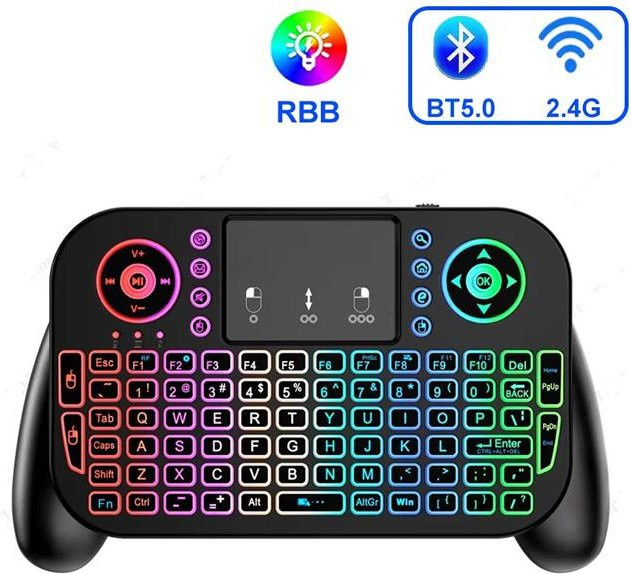 Meiteai Mini Drahtlose Tastatur mit 7 Farben Hintergrundbeleuchtung und Touchpad, Bluetooth und 2,4G Verbindung, Englisch QWERTY, Schwarz - Bild 1