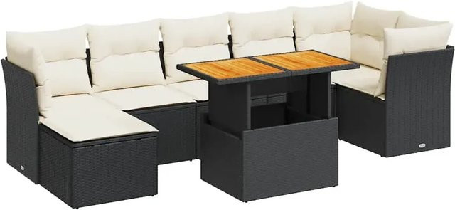 vidaXL 8-teilige Garten-Sofagarnitur in L-Form aus Poly-Rattan und pulverbeschichtetem Stahl mit Kissen in Schwarz-Creme - Bild 1