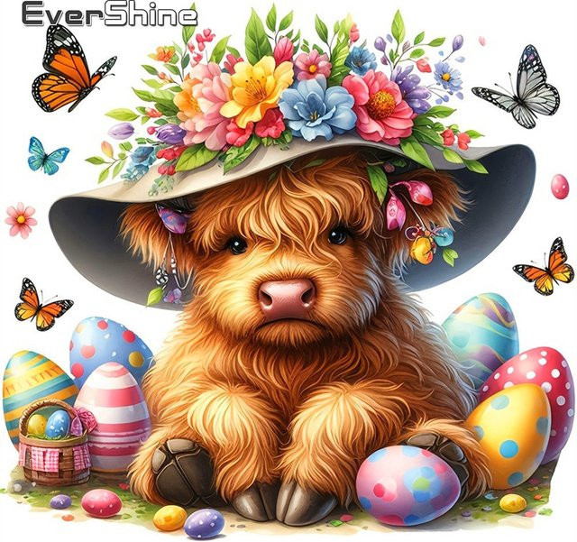 Evershine DIY Diamant-Stickerei Bastelset mit Kuh- und Gänseblümchen-Motiv in Mehrfarbig, Wandkunst für Heim und Schlafzimmer - Bild 1