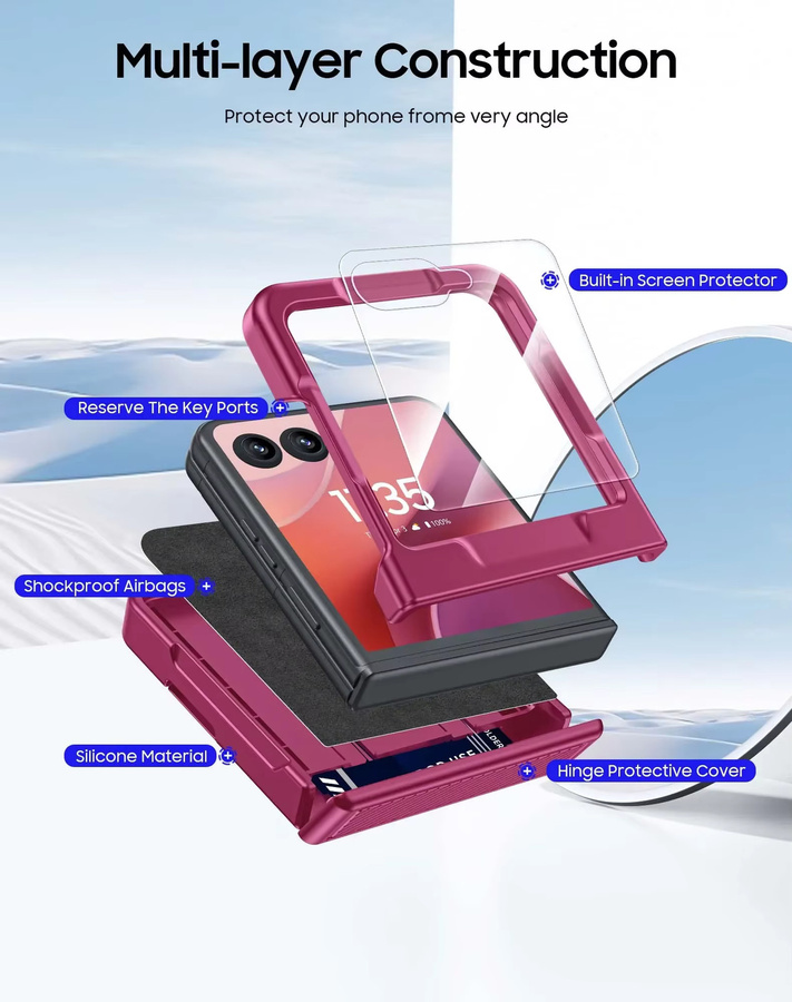 Motorola Razr Handyhülle mit Kartenclip, Scharnierschutz, RFID-Abschirmung und Displayschutzfolie in Rosenrot - Bild 4