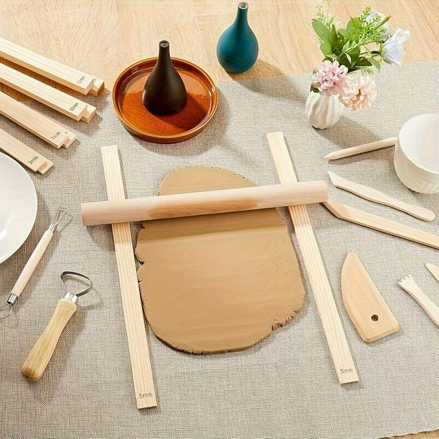 10er Set Holz Nudelholzführungen mit 5 Dickenstreifen in Beige für Keramik und Polymer-Ton - Bild 1