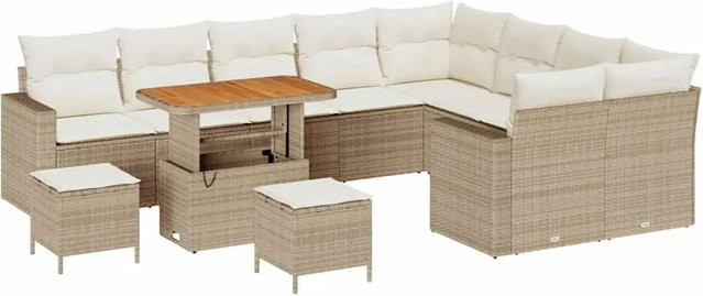 vidaXL Garten-Sofa-Set 12-teilig in Beige aus Poly-Rattan und Akazienholz mit Polstern und Tisch in U-Form - Bild 1
