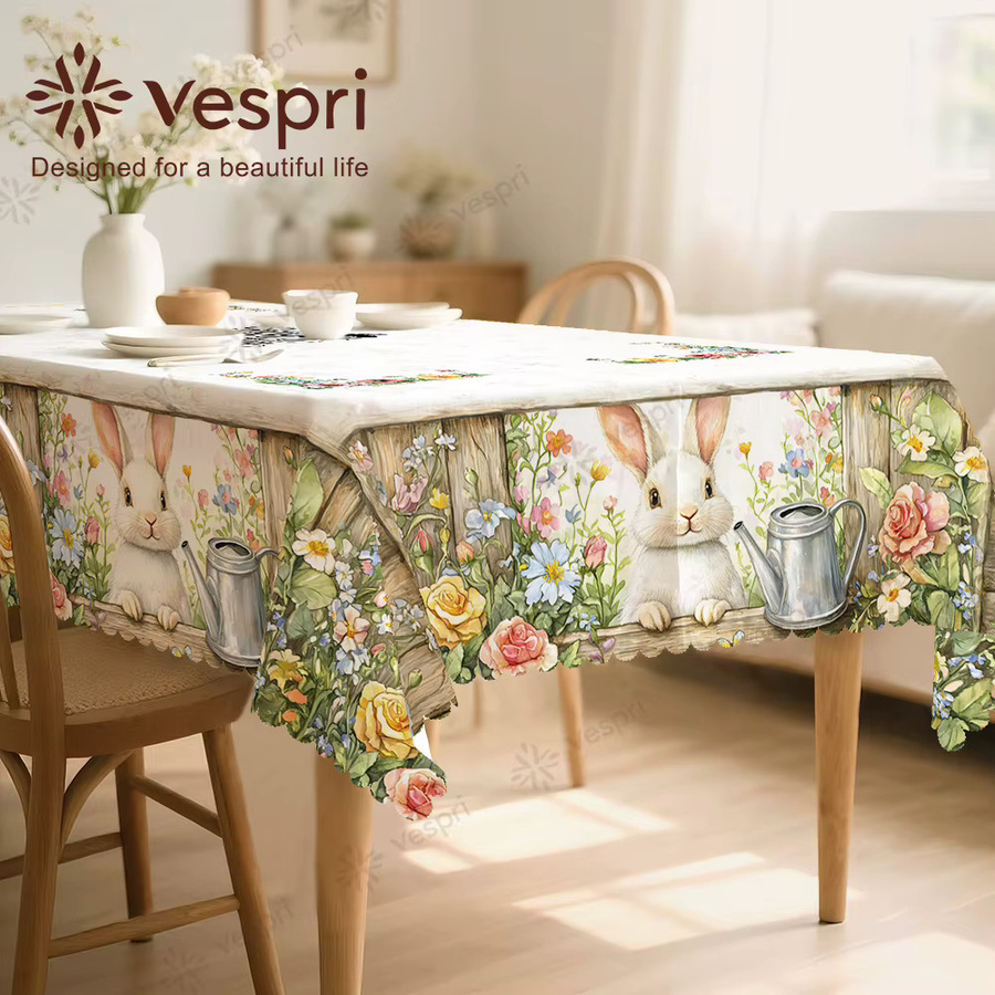 Vespri Oster-Tischdecke mit Hasen-Gießkanne und Blumenmuster in Weiß-Grün für deine Partydekoration - Bild 2