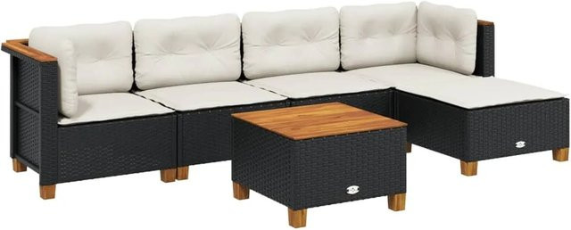 vidaXL 6-teilige Garten-Sofagarnitur aus Poly-Rattan und Akazienholz in Schwarz mit Kissen - Bild 1