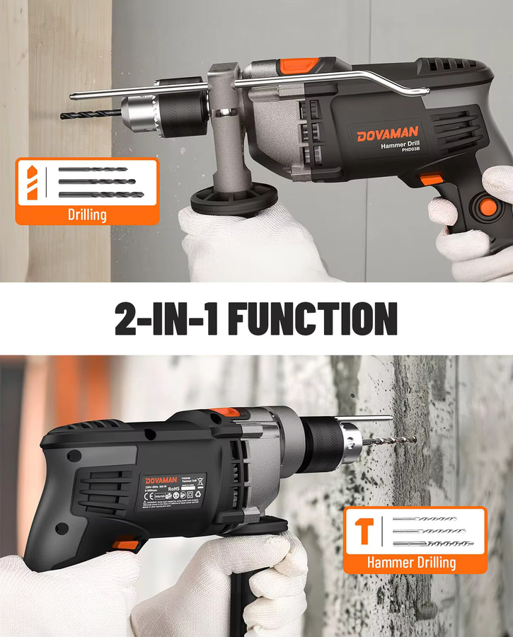 DOVAMAN Schnurgebohrhammer mit 7,5 A und 1/2 Zoll Schlagbohrmaschine, 0–3000 U/min, Metallfutter, 2 Modi für Beton, Holz und Metall, inklusive Bits und Koffer - Bild 3