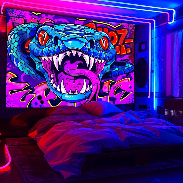 VIKAMA Graffiti-Wandteppich mit blauem Schlangenmotiv, wasserdichte Textildekoration für dein Gamingzimmer oder Musikstudio, B/H: 60 x 40 cm - Bild 1