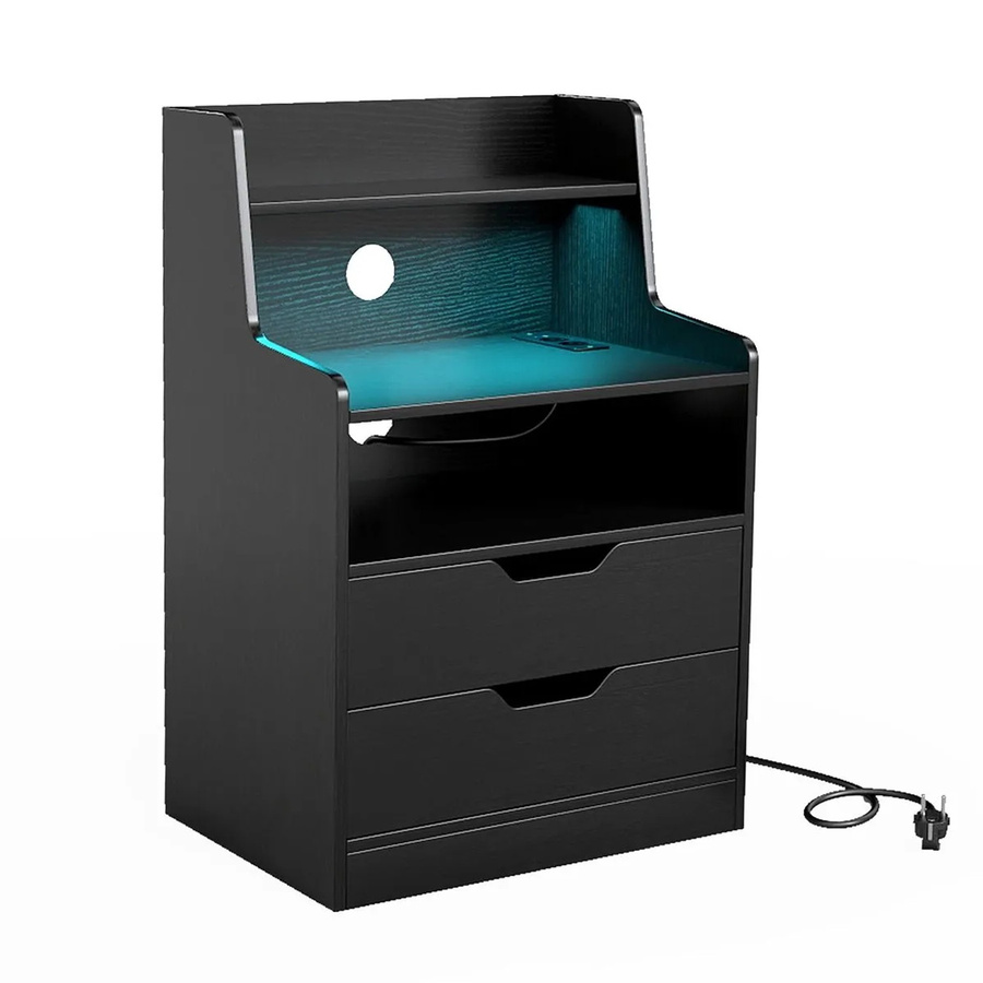 Costway Nachttisch mit LED-Beleuchtung und Ladestation in Schwarz mit 2 Schubladen - Bild 2