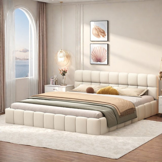 Gepolstertes Bubble-Doppelbett mit Lattenrost und weicher Rückenlehne in Beige, B/T/H: 140 x 200 cm - Bild 1