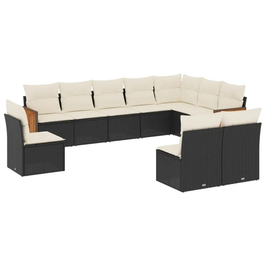 vidaXL 10-teilige Garten-Sofagarnitur in U-Form aus Polyrattan und Akazienholz mit Kissen in Schwarz-Creme - Bild 2
