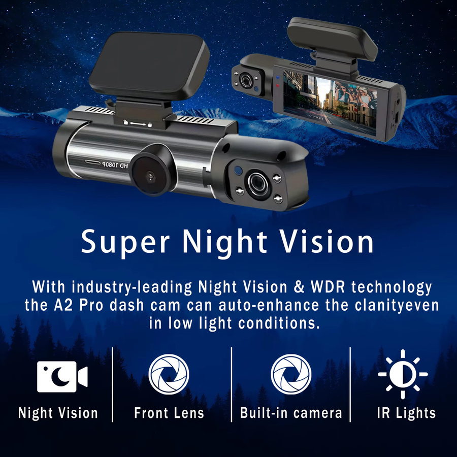 BCUOZ Dual-Objektiv-Dashcam in Schwarz mit 1080P Frontkamera und 720P Innenkamera, Full HD, 3,16 Zoll geteilter Bildschirm, Super-Nachtsicht, G-Sensor, 24-Stunden-Parküberwachung und Loop-Aufnahme - Bild 3