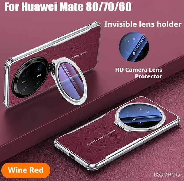 Schutzhülle mit Lederrückseite und Kamera-Glasfolie für Huawei Mate 80 Pro Max, Mate 70, 60 Pro Plus und RS in Schwarz mit versteckter Halterung und TPU-Hülle - Bild 1