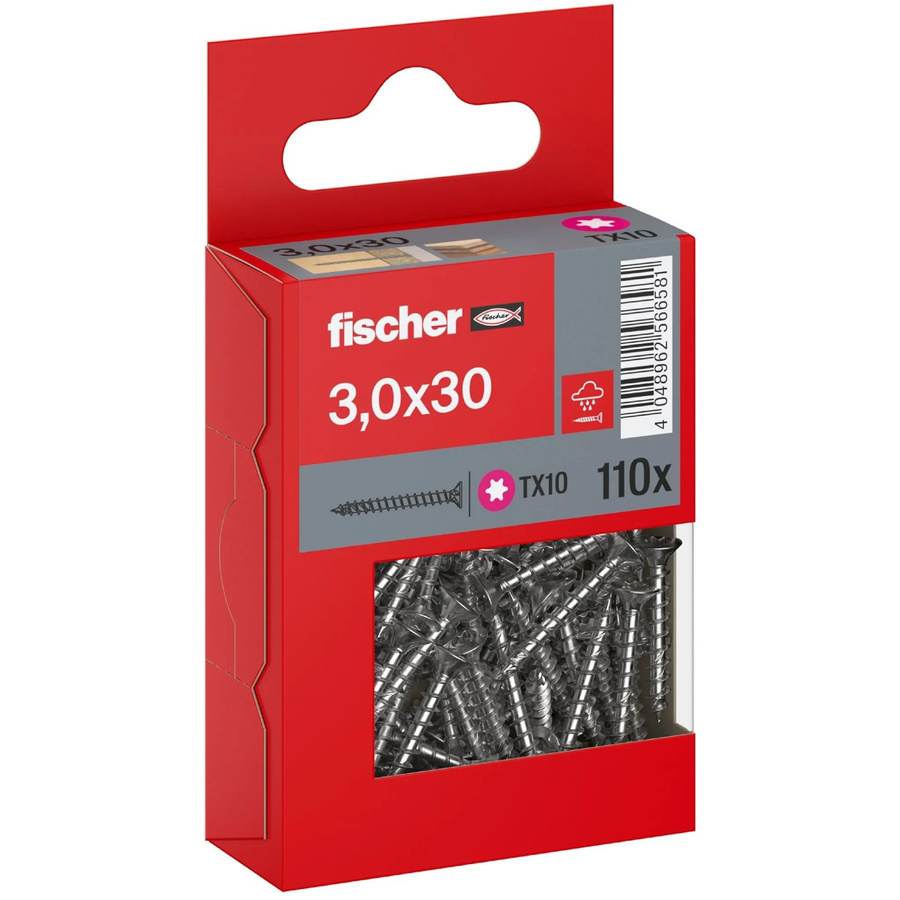 Fischer PowerFast II A2 Senkkopf TX Vollgewinde Schraube aus Edelstahl in Silber, Durchmesser: 3 mm, Länge: 30 mm, 110 Stück - Bild 2