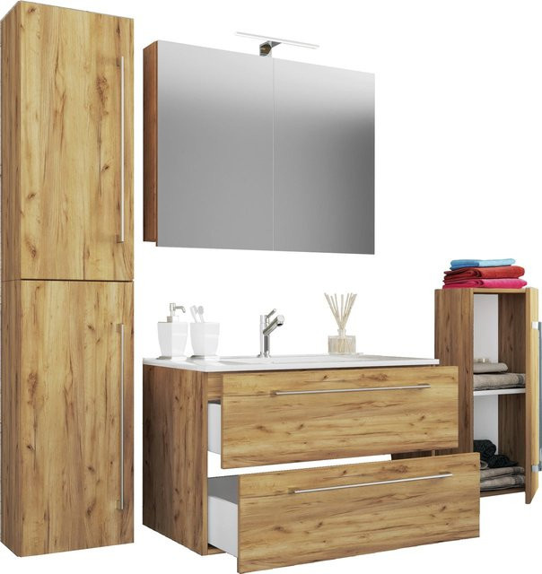 VCM Badmöbel Set Badinos 5-tlg. Waschplatz mit Keramik Waschbecken in Honig-Eiche, B/T/H: 81 x 46 x 52 cm - Bild 1
