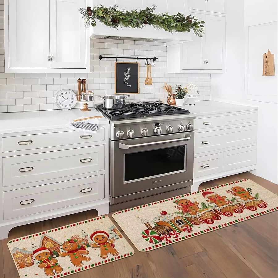 VIKAMA 2-teiliges Set Weihnachts-Teppiche im Lebkuchenmann- und Zuckerstangen-Design für Küche, Flur und Waschraum - Bild 3