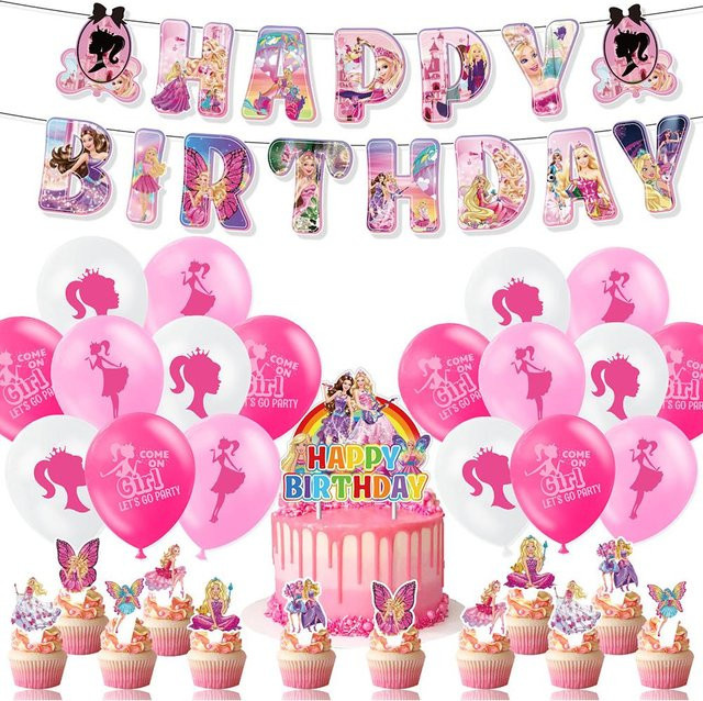 Skyfree Partydekoration Set für Mädchen in Pink mit 32 Stück, bestehend aus Banner, Kuchenaufsätzen und Latex-Luftballons für Geburtstage - Bild 1