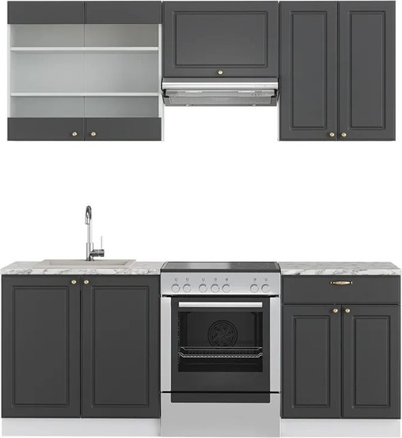 Vicco Fame-Line Küchenschrank modern in Anthrazit-Gold/Weiß mit Marmor-Optik, Breite: 200 cm - Bild 1