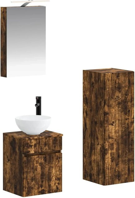 vidaXL Badezimmermöbel-Set 4-teilig aus geräuchertem Eichenholz in Braun mit LED-Beleuchtung und Spiegelschrank - Bild 1