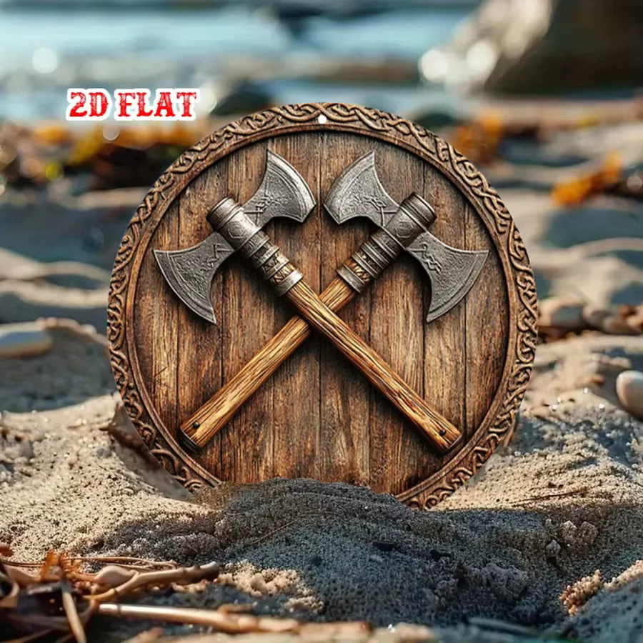 CIFBUY Wikinger-Schild Wandkunst aus Metall mit Kampfaxen-Design in Braun im rustikalen Stil - Bild 5