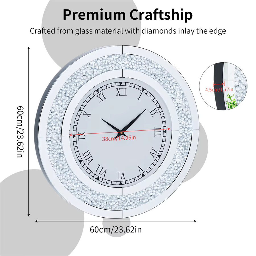 Luvodi Wanduhr in Silber und Beige mit runden Diamant-Kristallen und Glaselementen - Bild 3