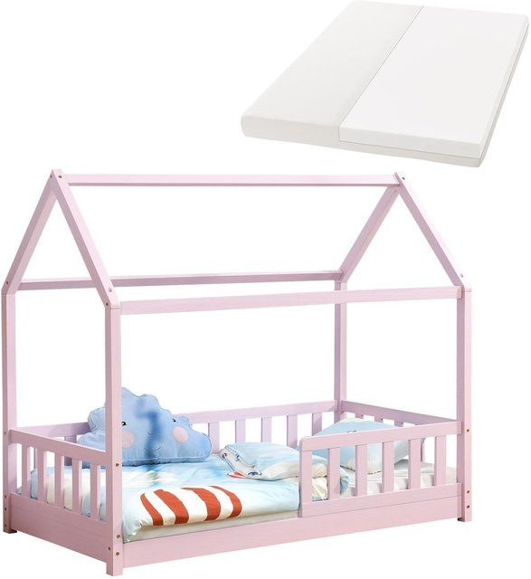 Juskys Kinderbett Marli Hausbett in Pink mit Matratze, Gitter und Lattenrost, B/T: 80 x 160 cm - Bild 1