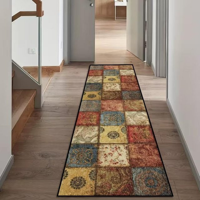 Lodestar Vintage Patchwork Badematte mit Blumenmuster und geometrischem Design, Mehrfarbig Rot Blau Beige Braun, Rutschfest, B/T: 40 x 120 cm - Bild 1