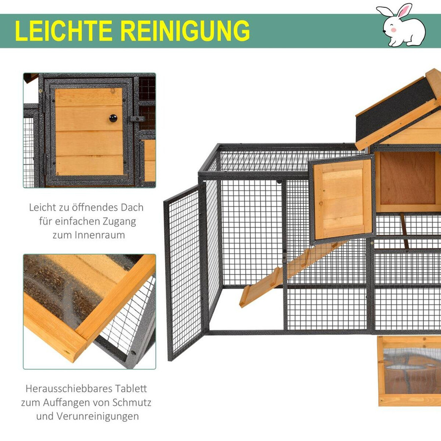 PawHut Kaninchenstall mit Freilaufgehege aus Tannenholz und Metall in Gelb, B/T/H: 122 x 63 x 92 cm - Bild 5