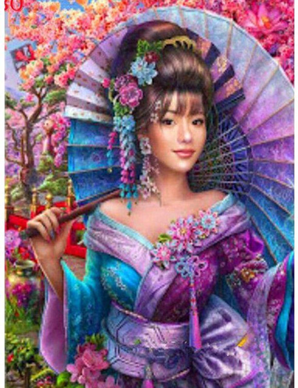 FIYO Diamond Painting Set Japanische Frau mit floralem Design, bunte Stickerei mit runden Diamanten, B/H: 20 x 30 cm - Bild 1