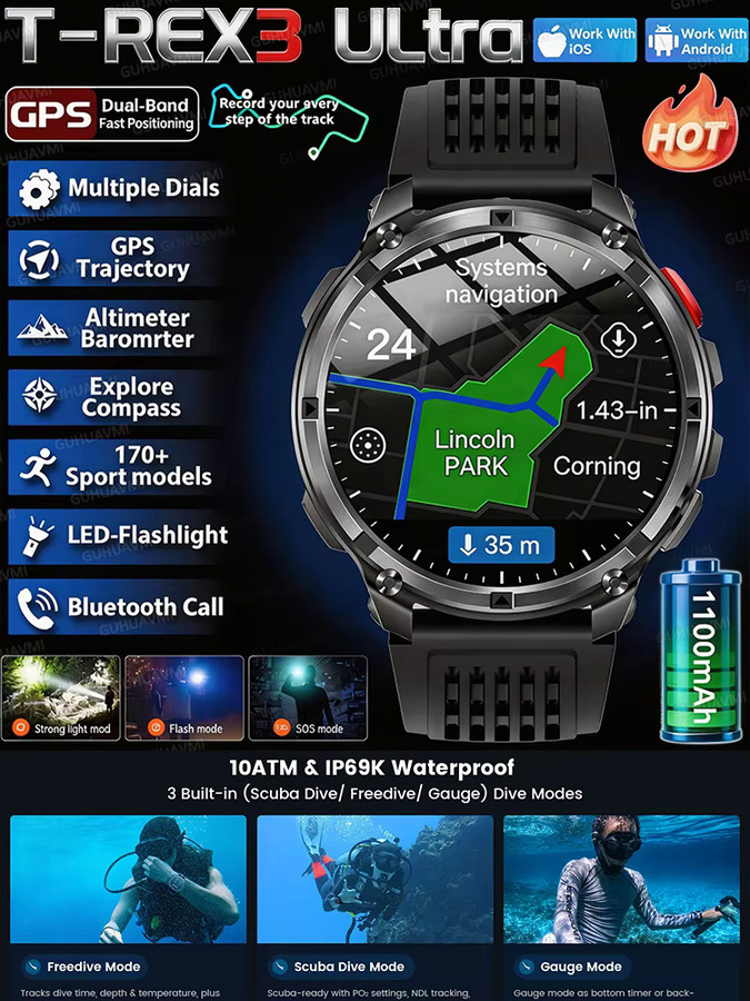 GUHUAVMI Smartwatch, Herren, GPS, 10 ATM, Aluminium, Schwarz, Silikon - Bild 5