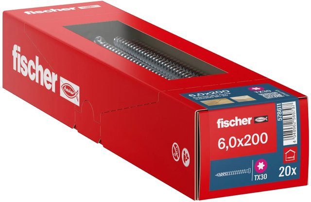 Fischer Holzbauschraube Zylinderkopf TX Vollgewinde Silber Durchmesser: 6 mm, Länge: 200 mm, 20 Stück - Bild 1