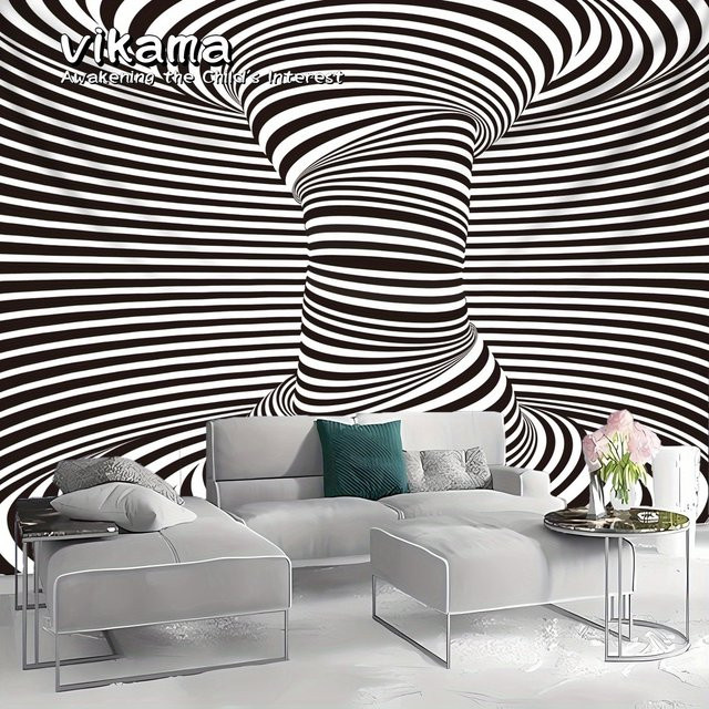 VIKAMA Optical Art Vortex Wandteppich mit psychedelischem Digitaldruck in Schwarz, geometrischer Wandbehang aus Polyester - Bild 1