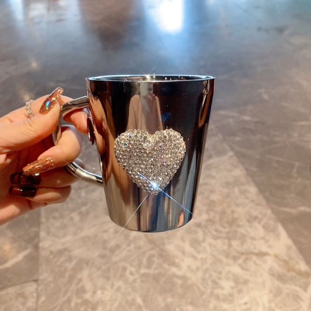 PDQ Reisebecher aus Edelstahl 304 mit Diamant-Herz-Design, doppelwandig vakuumisoliert und auslaufsicher, Farbe: Silber - Bild 1