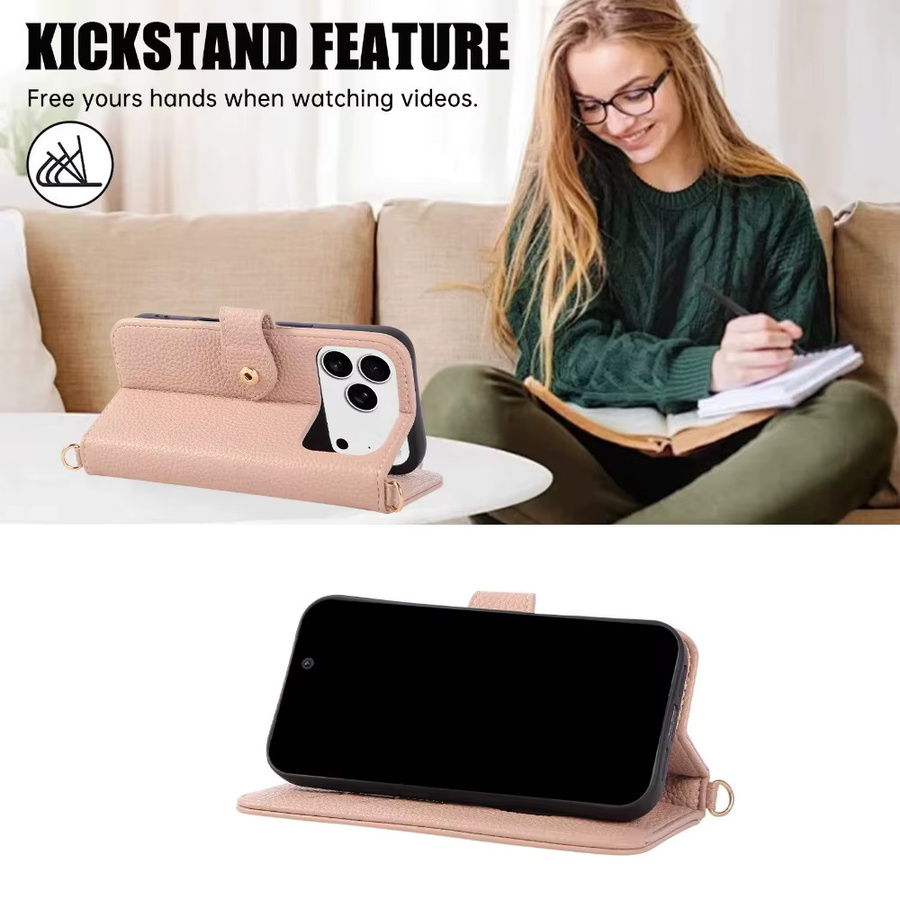 Beige Flip-Lederhülle für Apple iPhone mit Spiegel, Geldbörse und Kartenhalter als Crossbody-Telefonhülle - Bild 3