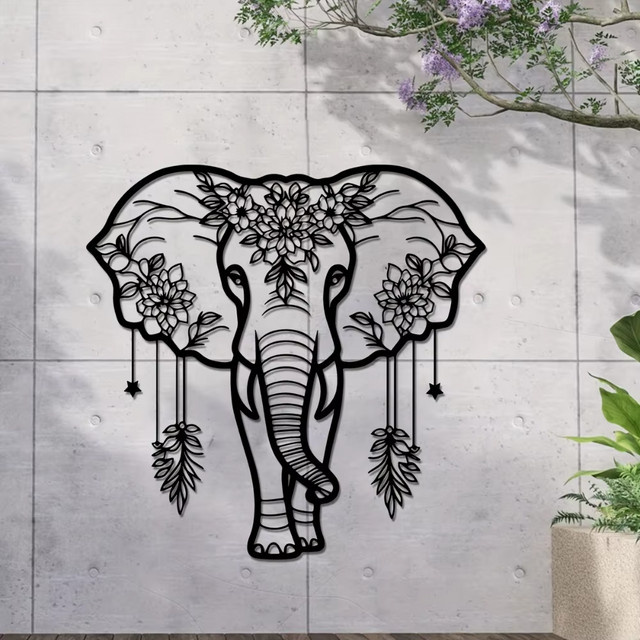 CIFBUY Handgefertigte Elefanten-Wandkunst aus Schmiedeeisen in Schwarz mit floralem Boho-Design - Bild 1