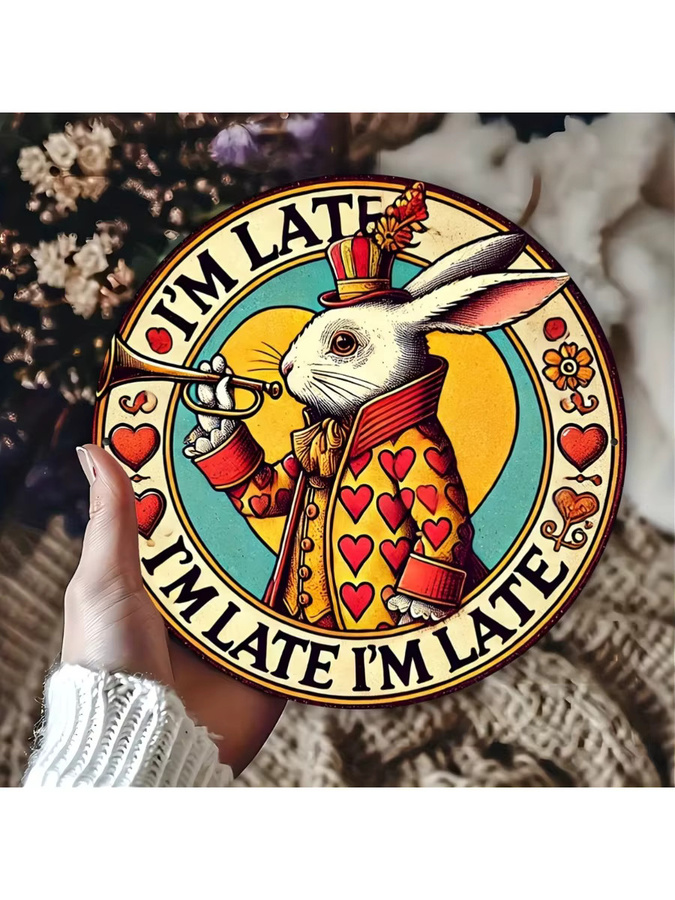 Potdemiel Vintage Kaninchen Metall-Wandkunstschild I'm Late I'm Late Rund, Mehrfarbig, Durchmesser: 20 cm - Bild 6