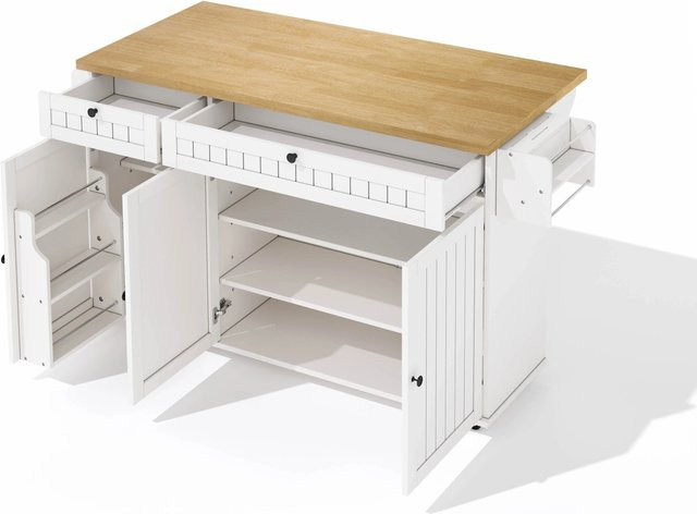 okwish Kücheninsel mit klappbarer Arbeitsplatte in Weiß, modern mit Rollen und Schubladen, B/T/H: 137 x 89,5 x 45 cm - Bild 1