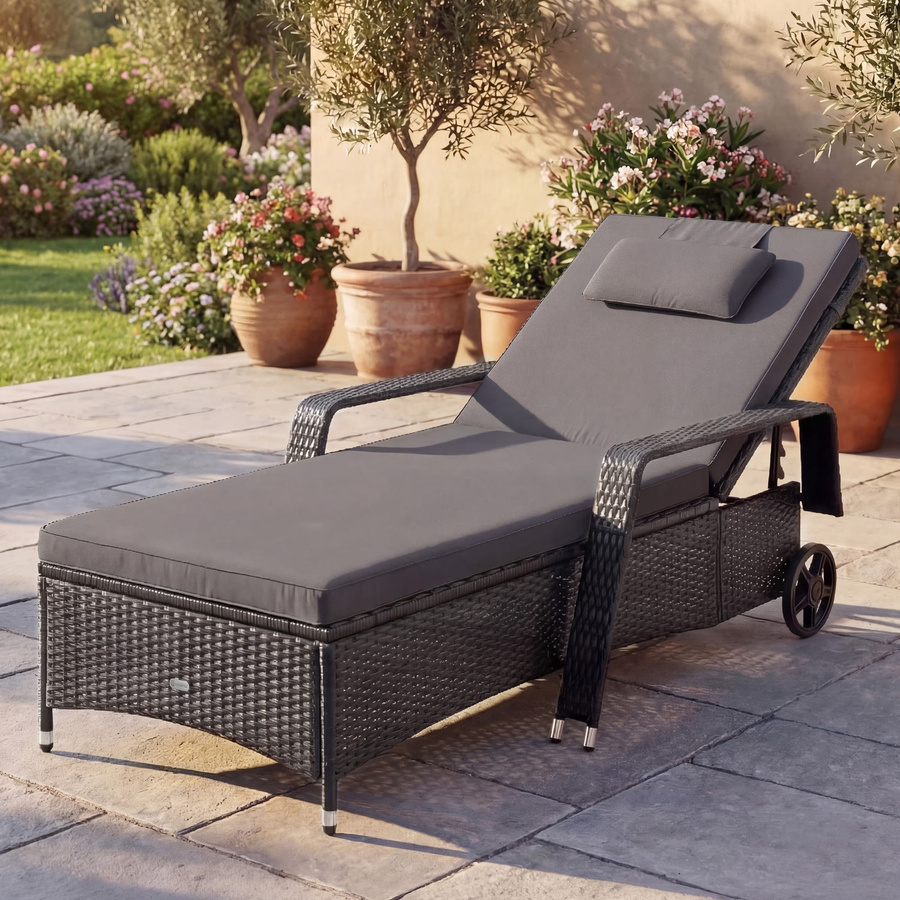 Casaria Polyrattan Gartenliege in Grau/Anthrazit mit verstellbarer Kopfstütze und Rollen, B/T/H: 193 x 90 x 43 cm - Bild 2