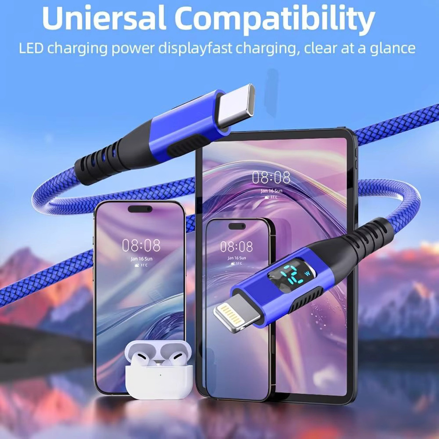 LAIHONEN USB-C zu Lightning Kabel mit LED-Anzeige und blauer Nylon-Ummantelung für schnelles Laden von iPhone und iPad - Bild 3