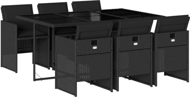 vidaXL 7-teilige Garten-Essgruppe aus Poly-Rattan in Schwarz mit Kissen und Hartglas-Tischplatte - Bild 1