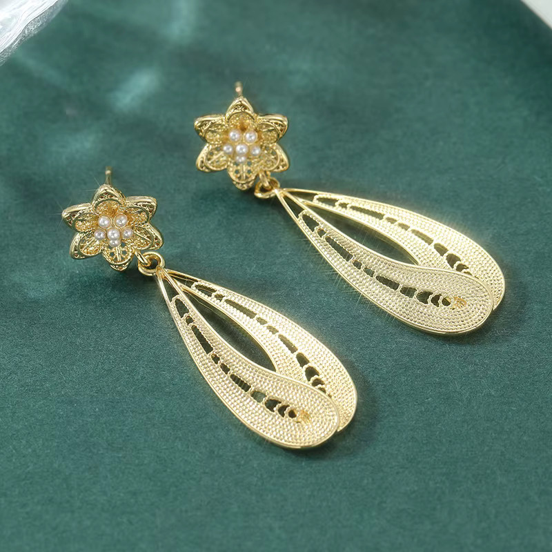 YoYo Ohrringe, Blumen, goldfarben, Perle, Damen, Vintage - Bild 2
