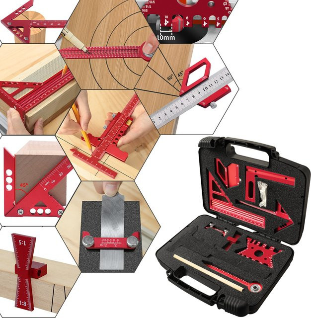 GDART Holzbearbeitungs-Set mit Box: 6–8 Stück Kombination aus Quadrat, Aluminium-Anreißlineal, Mittelsucher, Ziehkreisförmigem Lineal und Höhenmessgerät - Bild 1