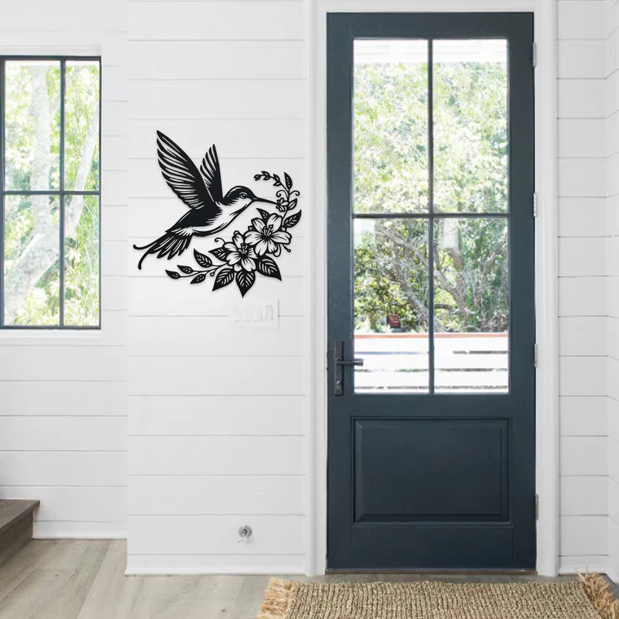 DDPNKL Metall-Wandkunst Kolibri und Blumen in Schwarz für Garten und Innenräume - Bild 4